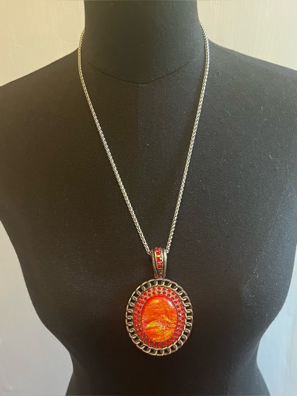 Orange Faux Opal Stone & Crystals Antiqued SilverTone Pendent & Chain Necklace
